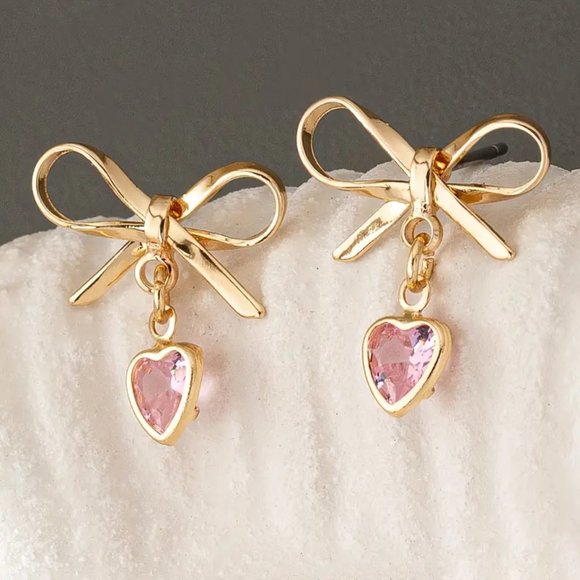 NEW Coquette Gold Bow Earrings Pink Heart Dangle Studs Cute Y2K Girly Jewelry - Picture 3 of 4